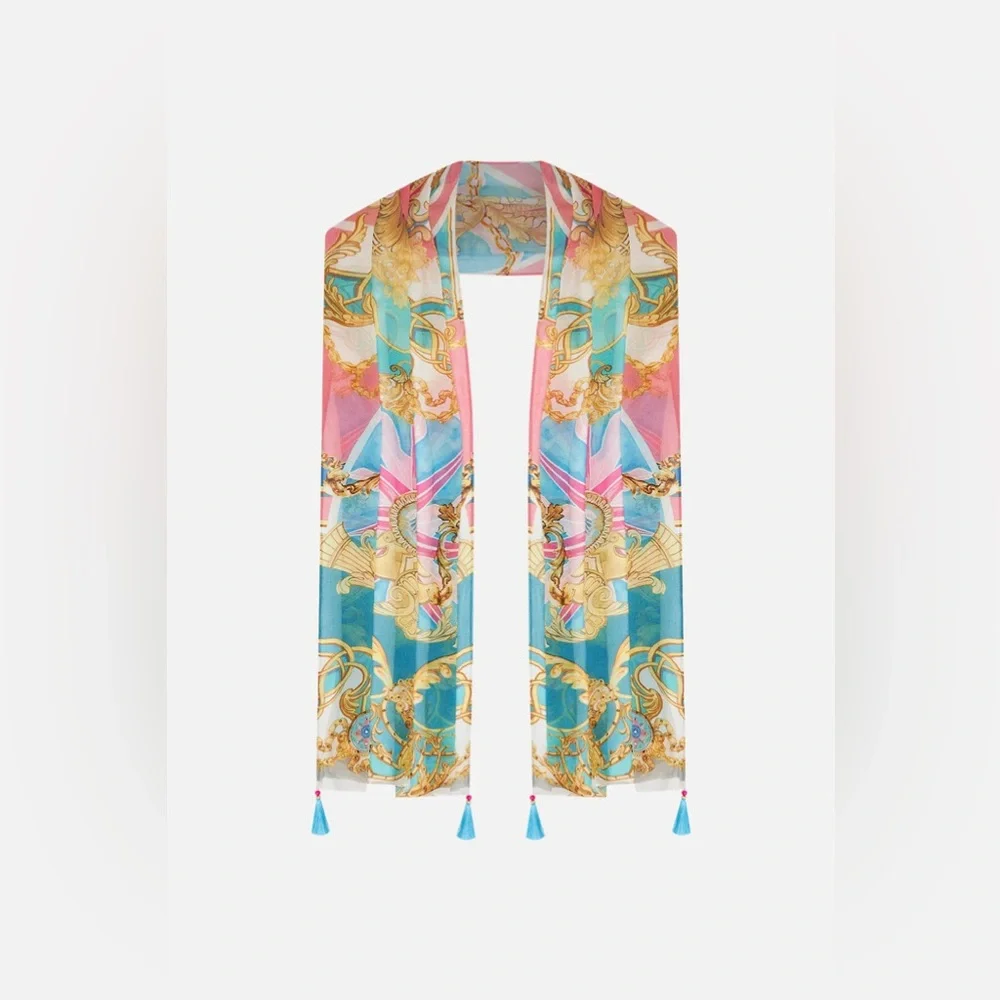Camilla “Sail Away With Me” pink blue silk nautical baroque scarf belt wrap top - Picture 1 of 4
